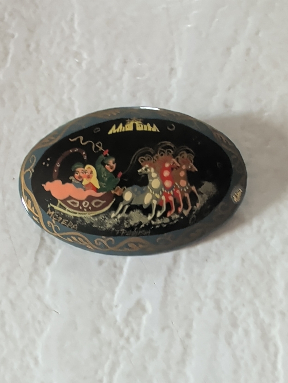 Hand-Painted Oval Brooch Black with Festive Scene Handmade In Russia